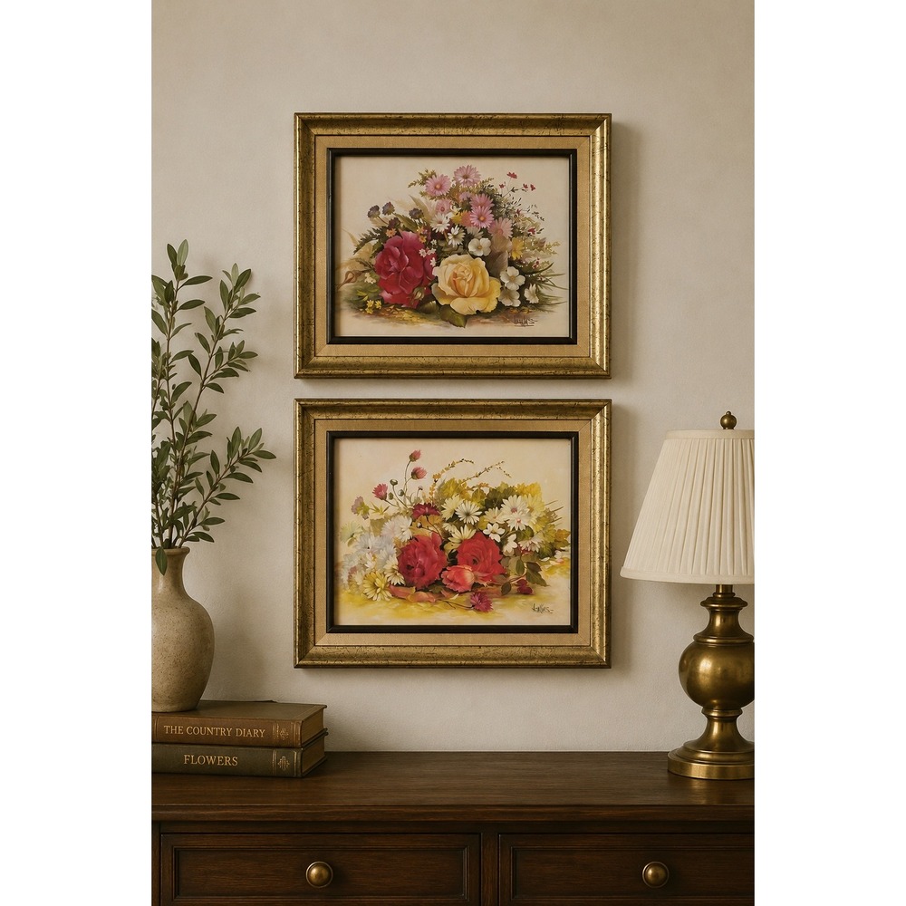 Vintage Floral Framed Prints Gold Botanical Roses Daisies Wall Decor Flower Art